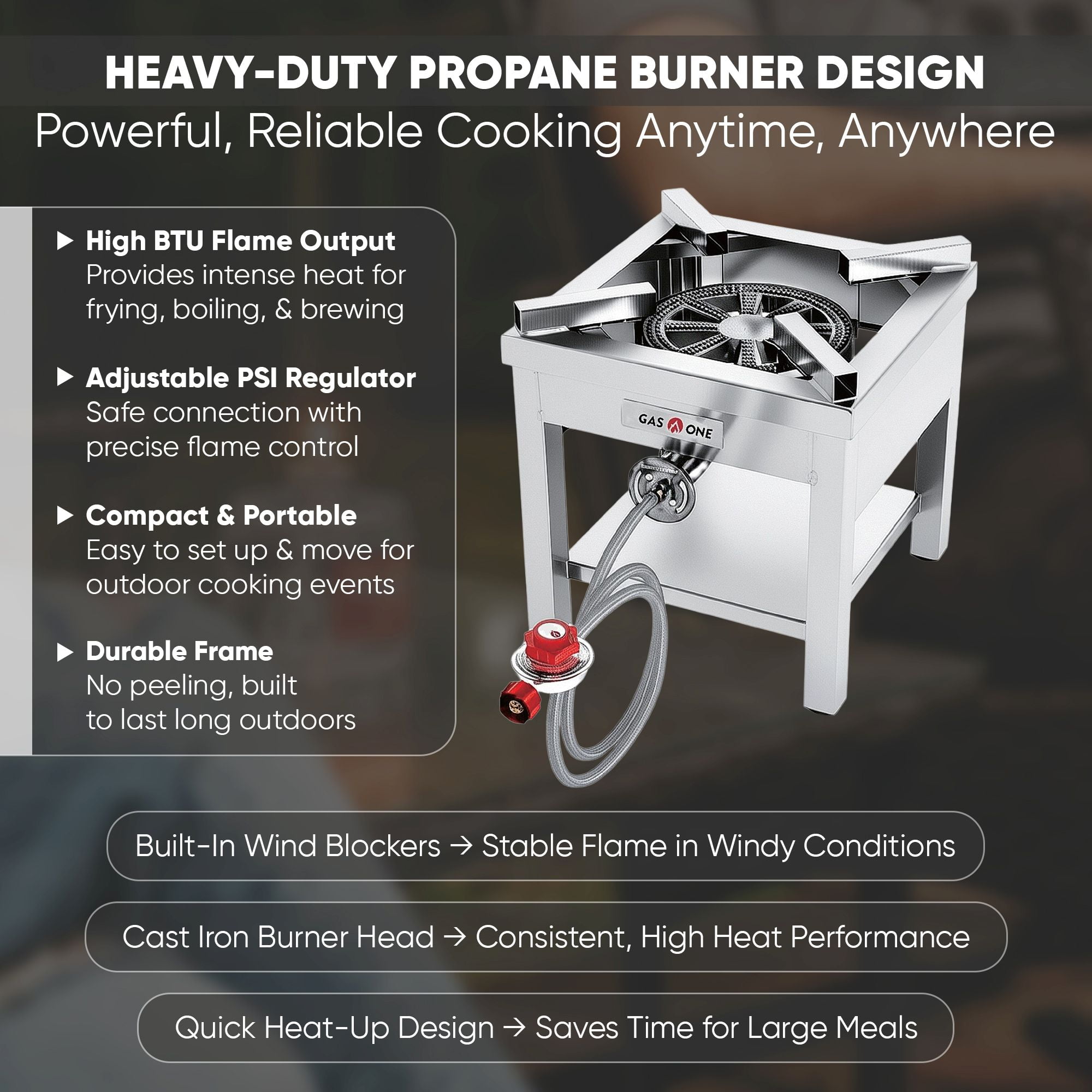 GasOne Stainless Steel Propane Burner Cooker With Regulator with Steel Braided Hose For Outdoor Cooking, Turkey Fry