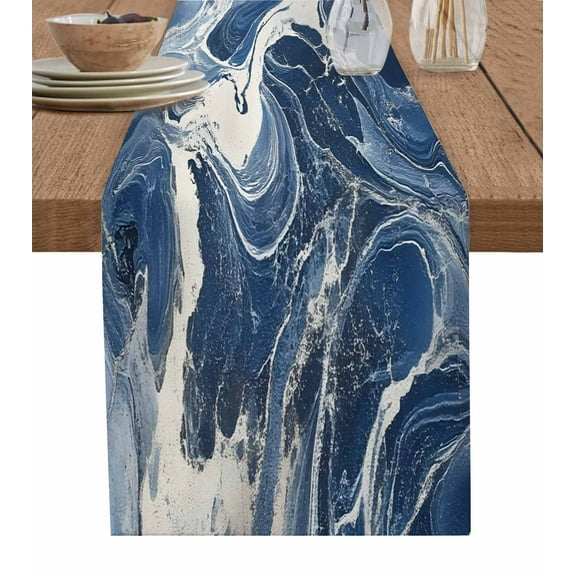 Vintage Navy Blue Table Runner 72 Inches, Marble Abstract Art Bed Runner Dresser Scarves Tabletop for Indoor Outdoor Parties/Ceremony/Banquet, 14" x 72"