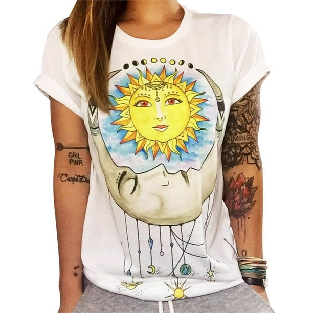 Camiseta estampada para mujer Camiseta holgada de manga corta con cuello redondo de color sólido GeweYeeli FS4042-18