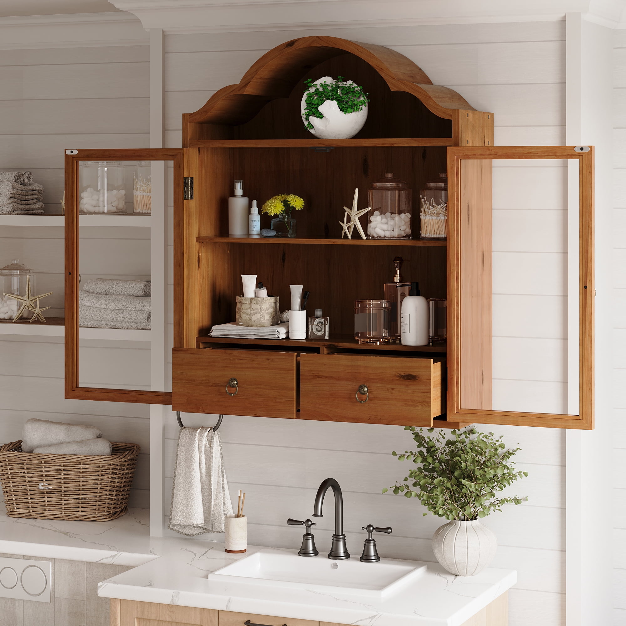 Wall Cabinet with Elegant Wave Top and Solid Wood Frame, Rustic Vintage Wall Cabinet and Storage Shelf for Dining Room Kitchen Bathroom, Brown