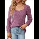 thumbnail image 3 of Blusa de Punto Acanalada de Larga para Mujer, Holgada, Suave, , con Cuello Cuadrado, Informal, Tipo Suéter. Rojo Púrpura M, 3 of 10
