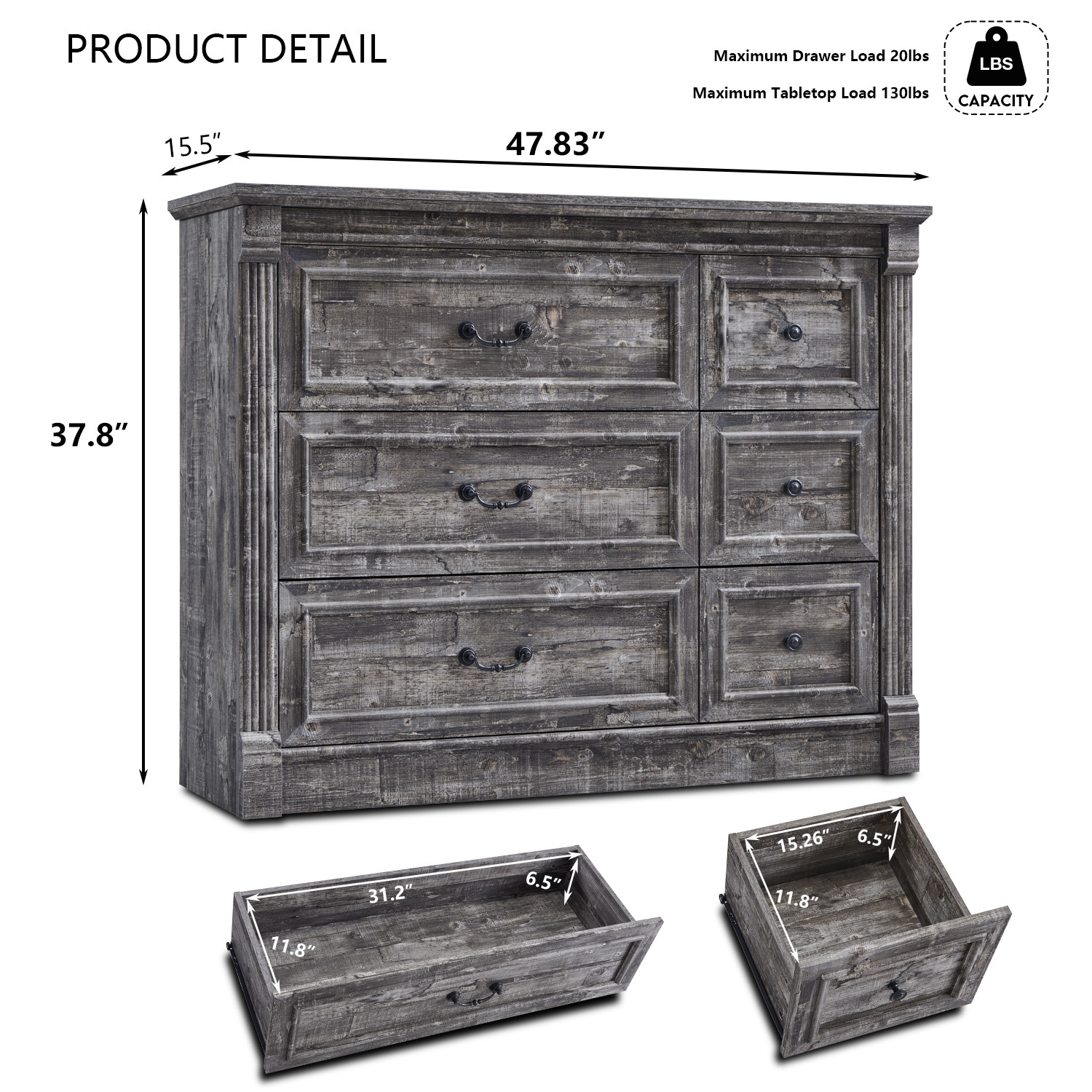 wow97e Farmhouse 6 Drawers Dresser for Bedroom, 48" Wide Wooden Chest of Drawers w/Roman Column, Storage Dressers for Hallway, Living Room