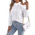 thumbnail image 2 of Women Cable Openwork Hollow Cut Out Cold Shoulder Crew Neck Long Sleeve Loose Pullover Sweater White S, 2 of 9