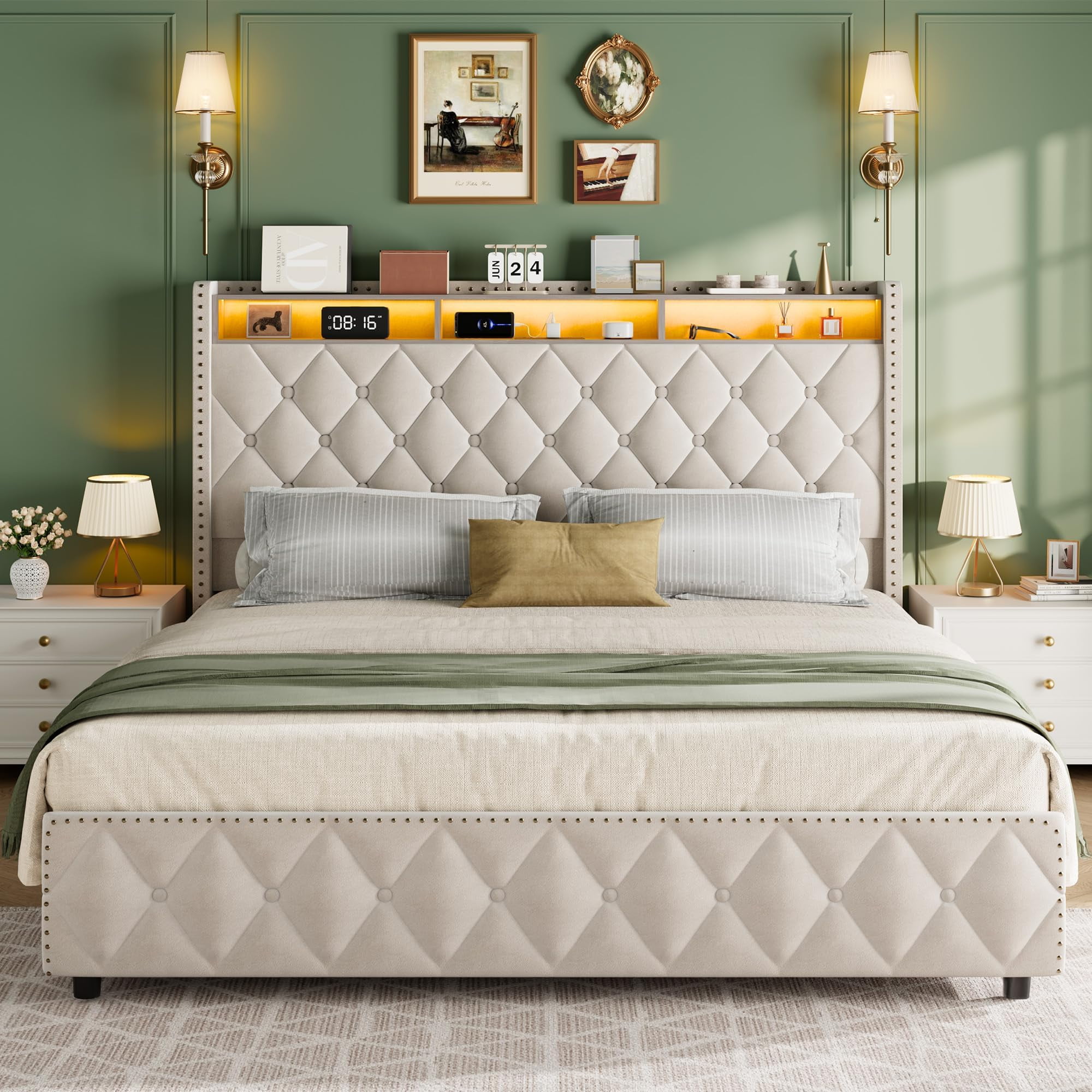 Memoryfield Upholstered Queen Size Bed Frame, Velvet Platform Bedframe with 4 Storage Drawers & USB Charging Station, No Box Spring Needed, Easy Assembly, Beige