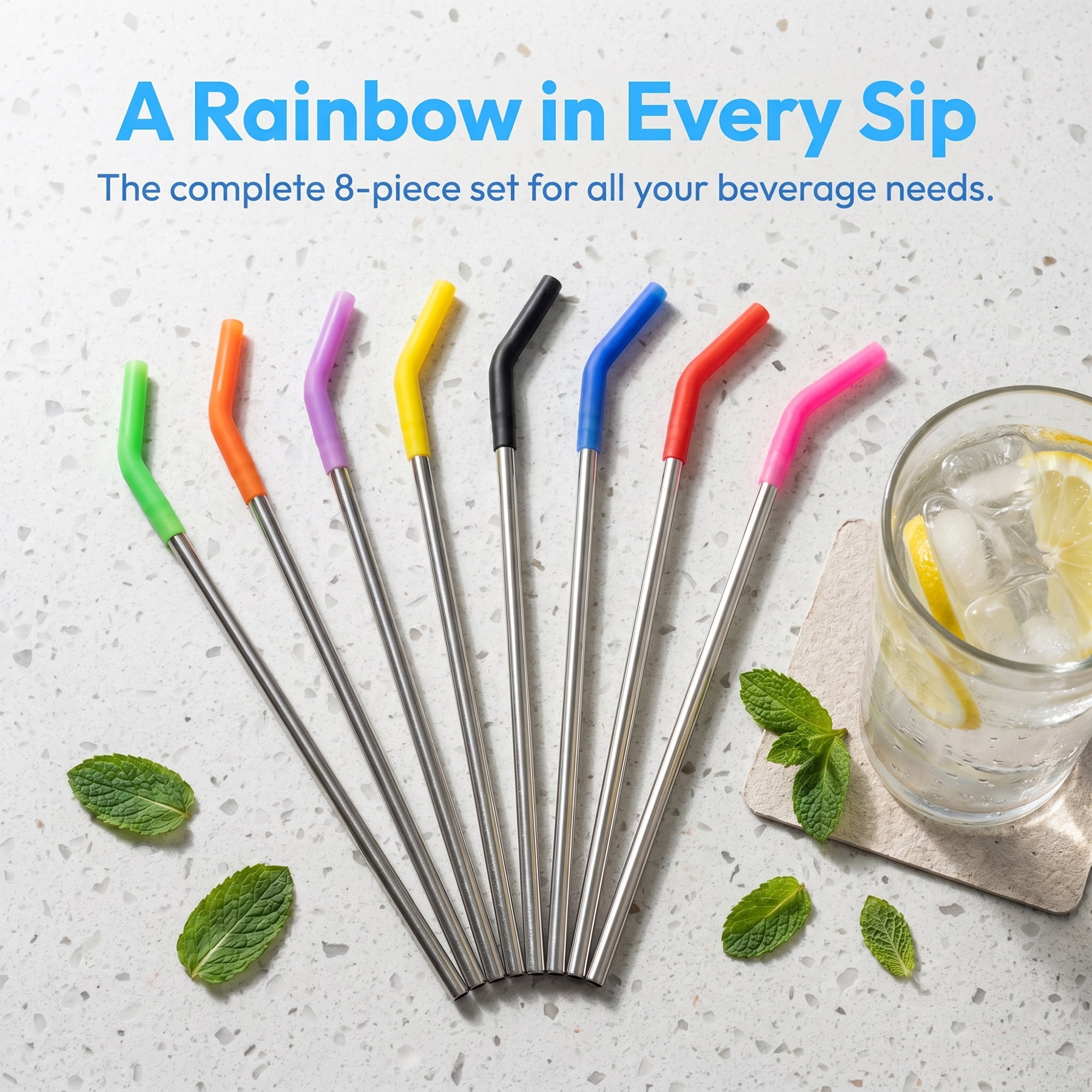 Unique Bargains 8Pcs Reusable Stainless Steel Straws with Silicone Tips Color A