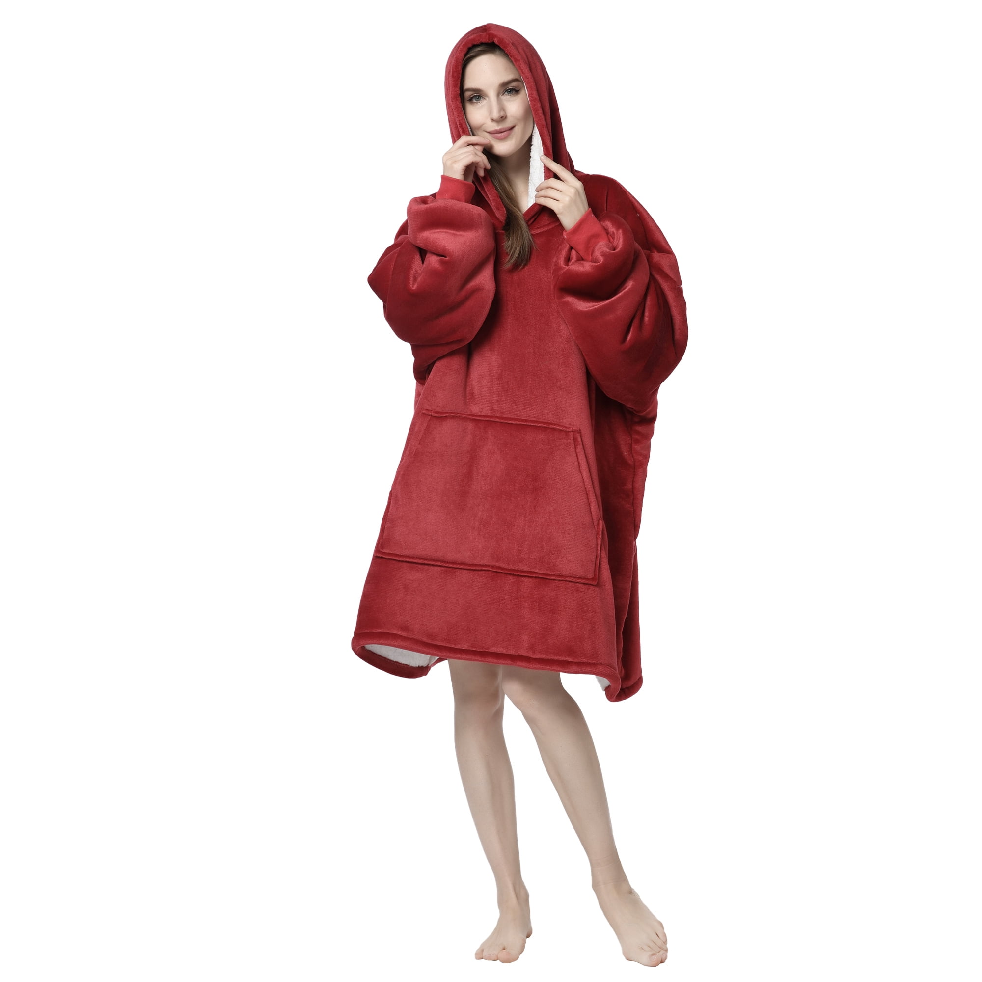 Wearable Blanket Hoodie, Oversized Sherpa Fleece Sweatshirt Blanket with Giant Hood Pocket and Sleeves for Adult, Warm & Cozy Grey Blanket