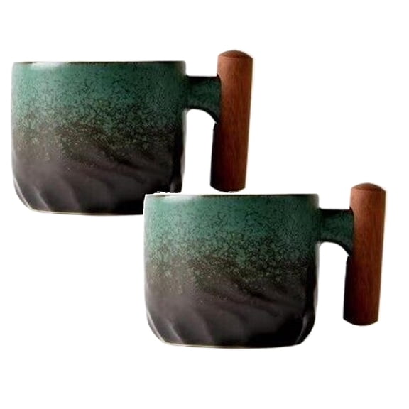 2 Pcs Ceramic Espresso Cups with Wooden Handle, Espresso Shot Cups, Porcelain Demitasse Cups for Coffee or Tea 6 Oz
