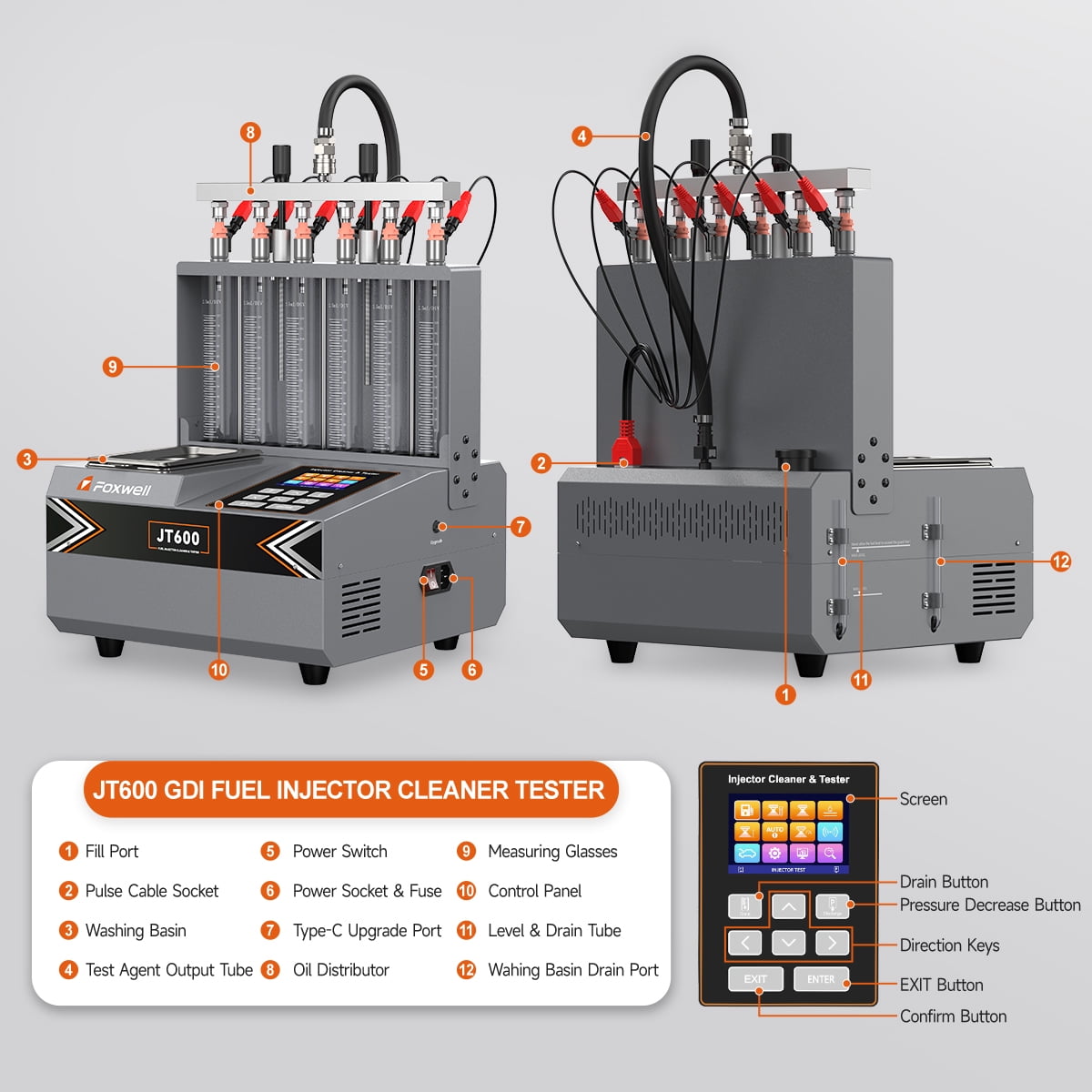 FOXWELL JT600 GDI Fuel Injector Cleaner Machine, 6-Cylinder Heated