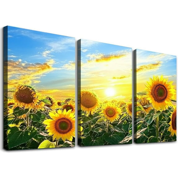 Sunflower Canvas Print Wall Art Sunset Landscape Pictures Flower Field Artwork Modern Painting for Home Kitchen Bedroom Room Stretched and Ready to Hang