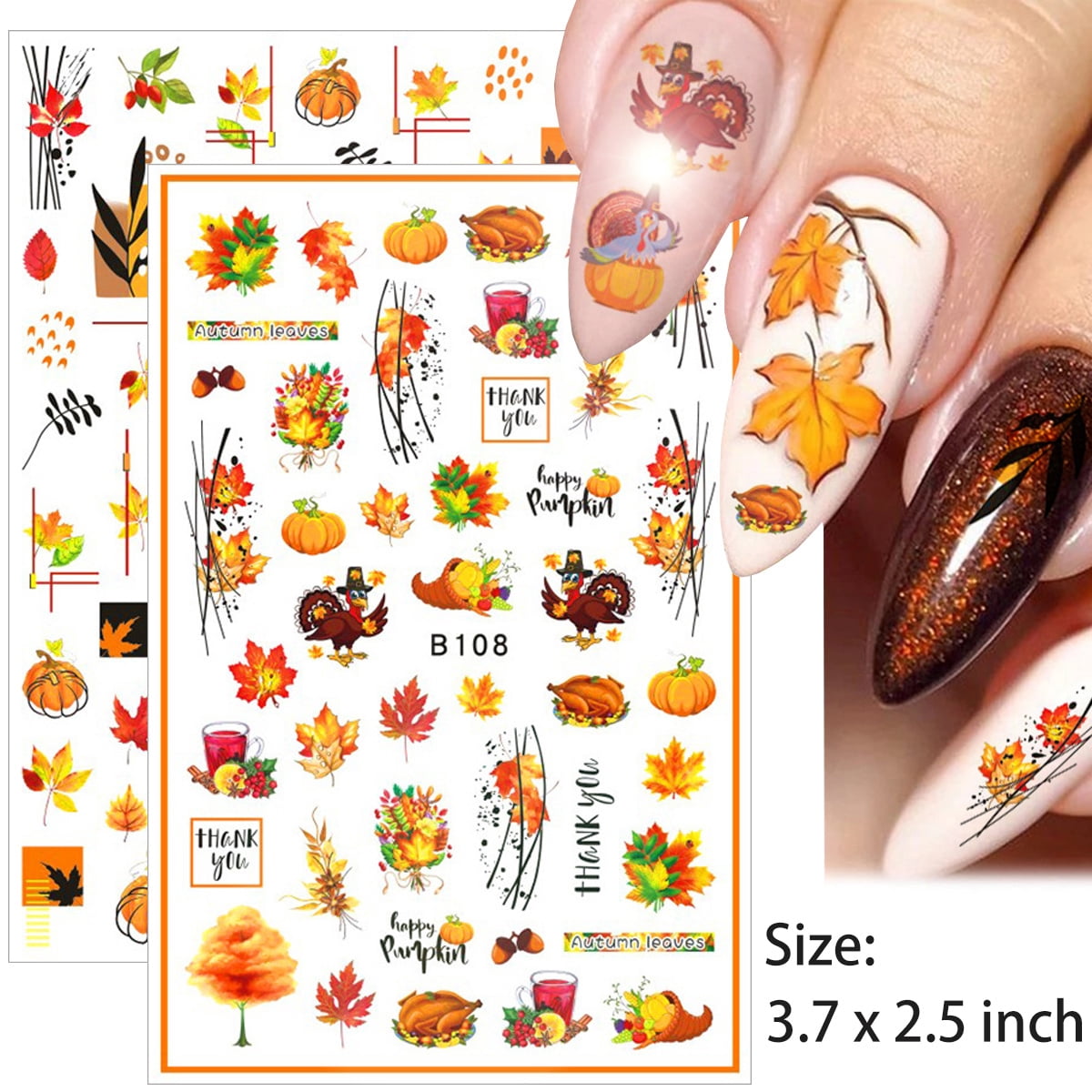 MWOOT 12 Stück Thanksgiving Nail Art Sticker – 3D Ahornblätter, Herbst-Design, Selbstklebend
