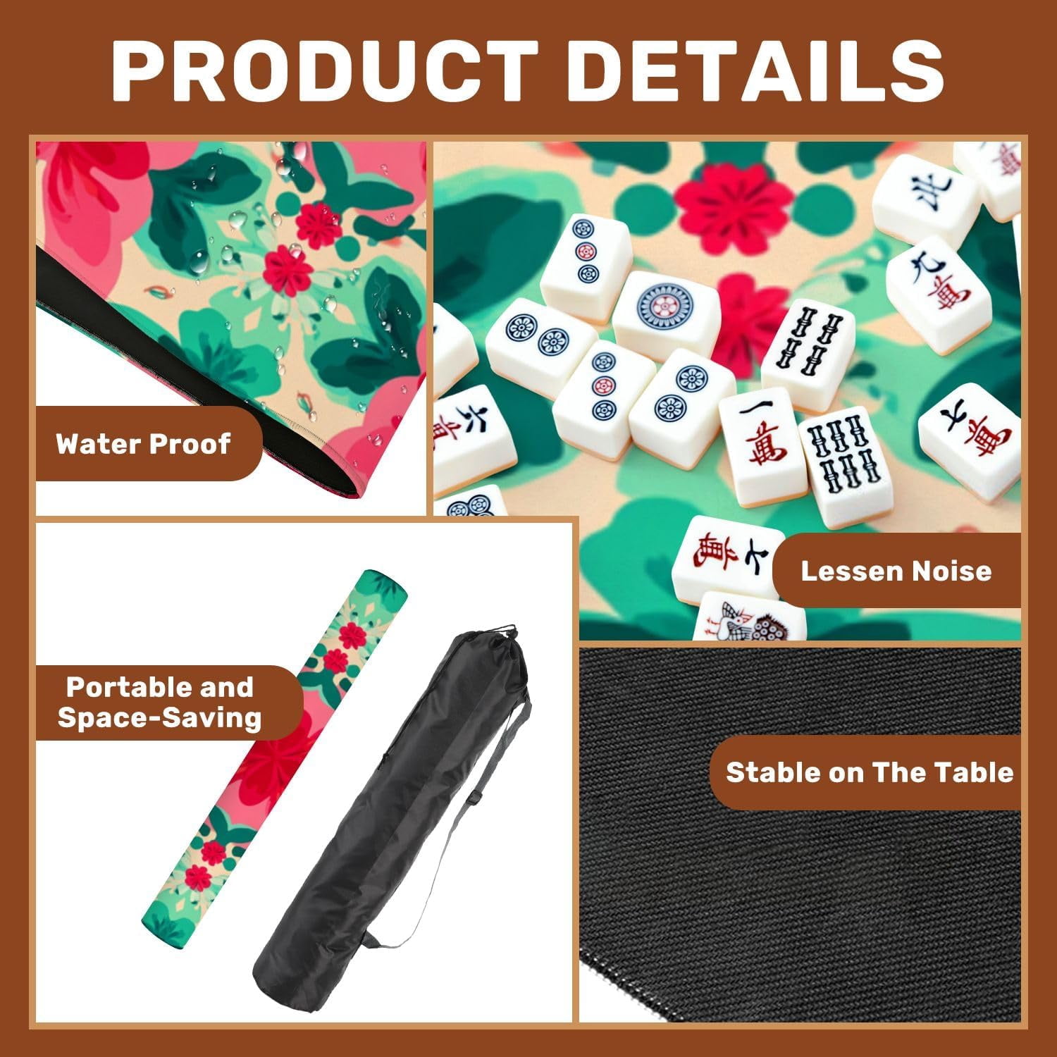 Mahjong Mat 31.5" x 31.5" Floral Vibrant Red Green Blooms Cream Non-Slip Noise Reduction Mahjong Tiles Table Cover for Dominoes Poker Card Board and Tile Games