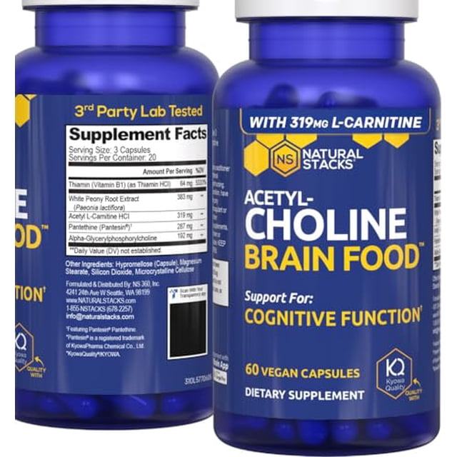 Acetilcolina para el cerebro - Suplemento de acetil L-carnitina y alfa GPC - Apoya la producción de acetilcolina - Suplemento de neurotransmisor para la función cognitiva - 60 cápsulas