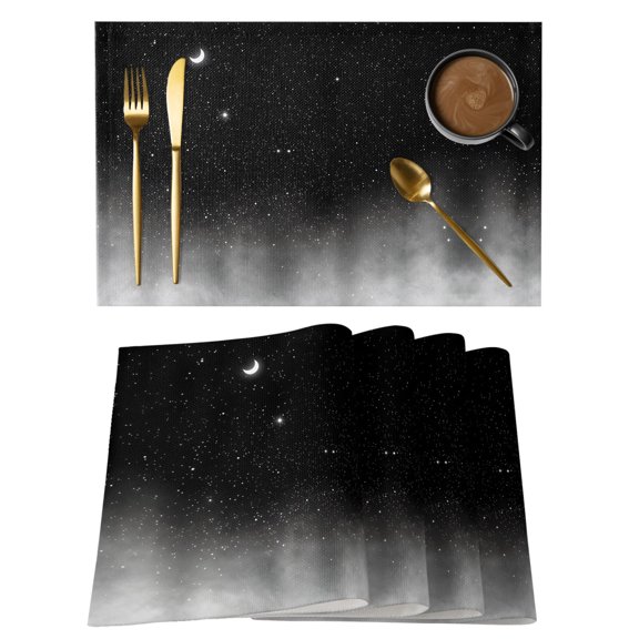 Crescent Moon Placemats Set of 2, Dreamy Black Misty Cloud Gray Gradient Fog Non-Slip Place Mats Washable Table Mats for Kitchen Dining Table Decorations Indoor/Outdoor