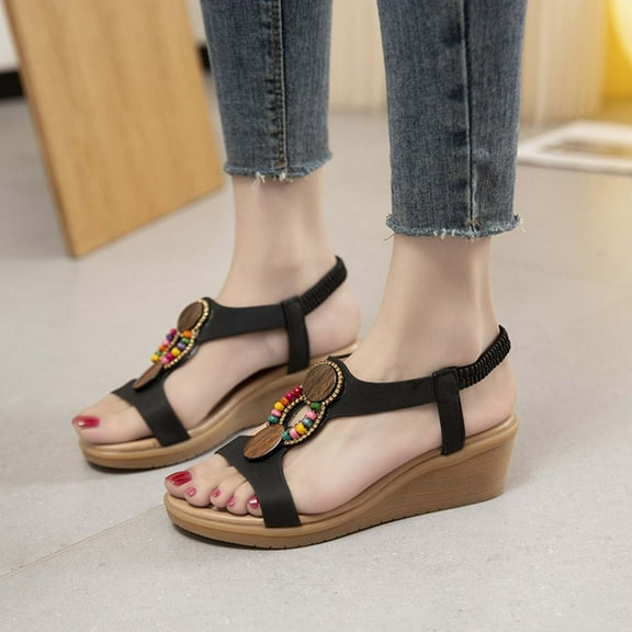 HAOTAGS Womens's Casual Walking Sandals Slide Sandals Roman Platform Summer Wedge Sandals Black Size 4.5
