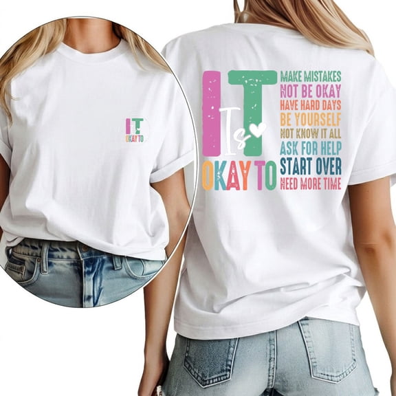 Womens It's Ok To Feel Print T Shirts Mental Health Graphic Tees Short Sleeve Casual Pattern Tops Cotton Shirts for Daily Outfits White,XL