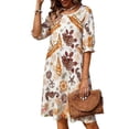 thumbnail image 1 of Vestido de Verano Floral Azul Impresión de Vacaciones de las Mujeres Suelto Cuello Redondo Vestido de Manga de Tres Cuartos, Manga de Puff Cambio Casual, 1 of 6