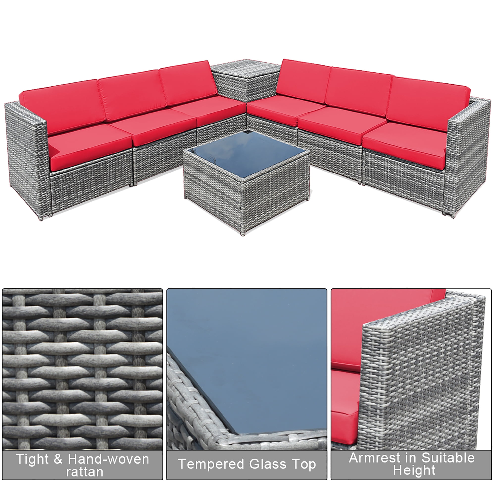 Costway 8 PCS Wicker Sofa Rattan Furniture Set Patio Furniture w/ Storage Table Red