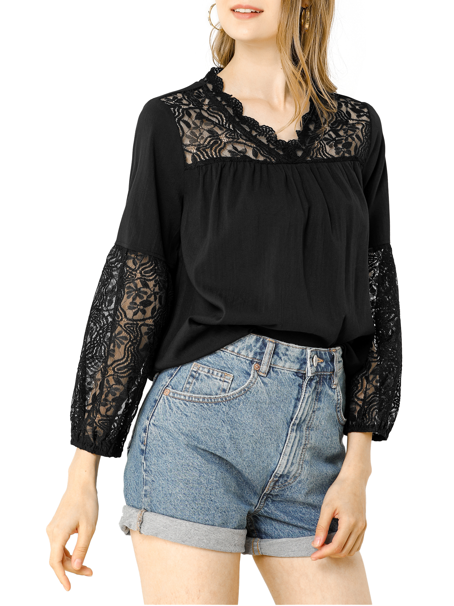 Women's Lace Floral Peasant Patchwork Long Puff Sleeve V Neck Blouse - image 5 of 6