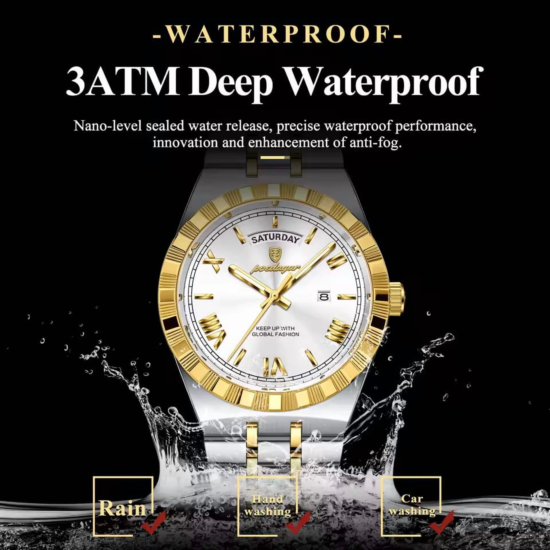 POEDAGAR Luxury Men's Waterproof Luminous Wrist Watch with Date Week Display Stainless Steel Strap