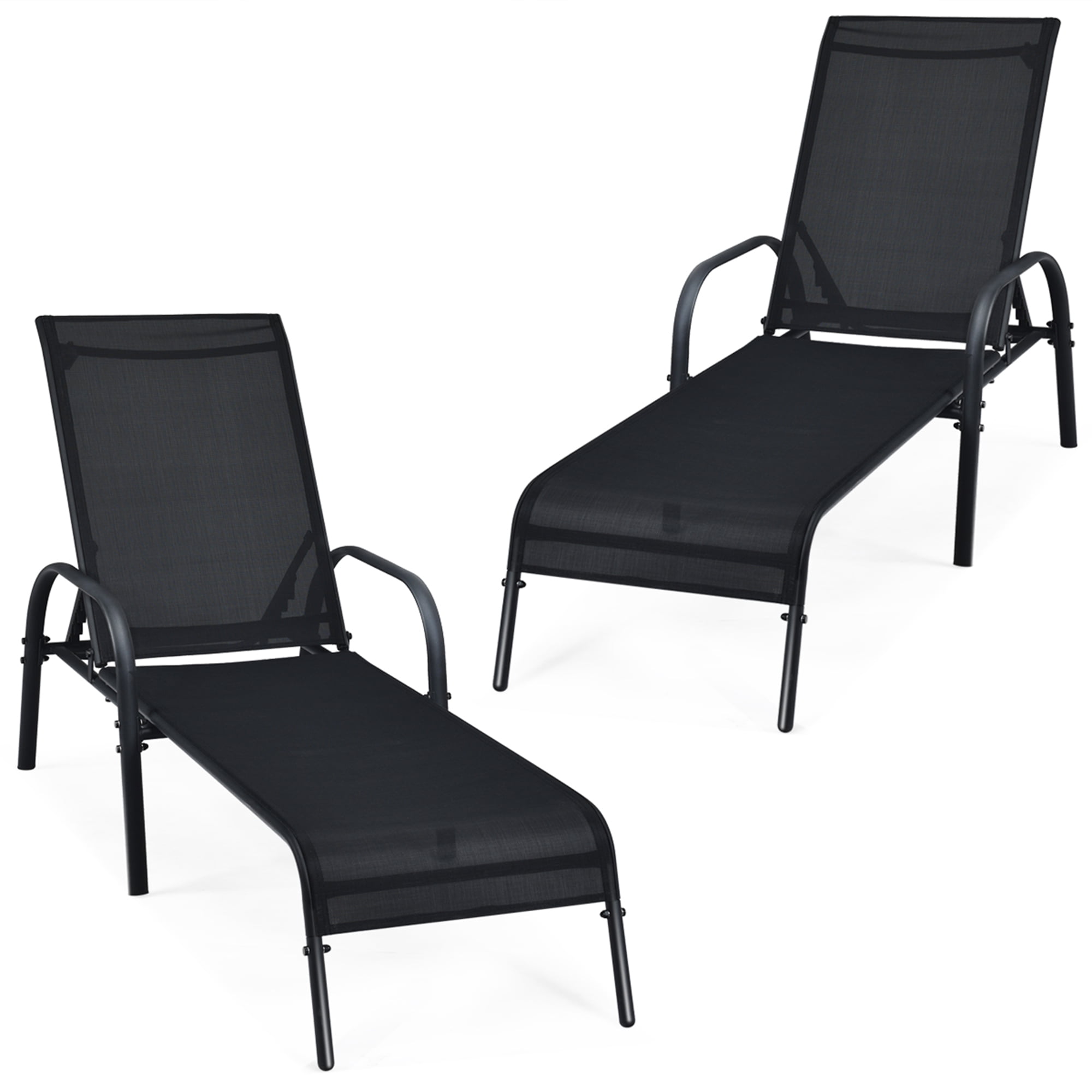 Gymax Reclining Fabric Outdoor Chaise Lounge - Set of 2, Black