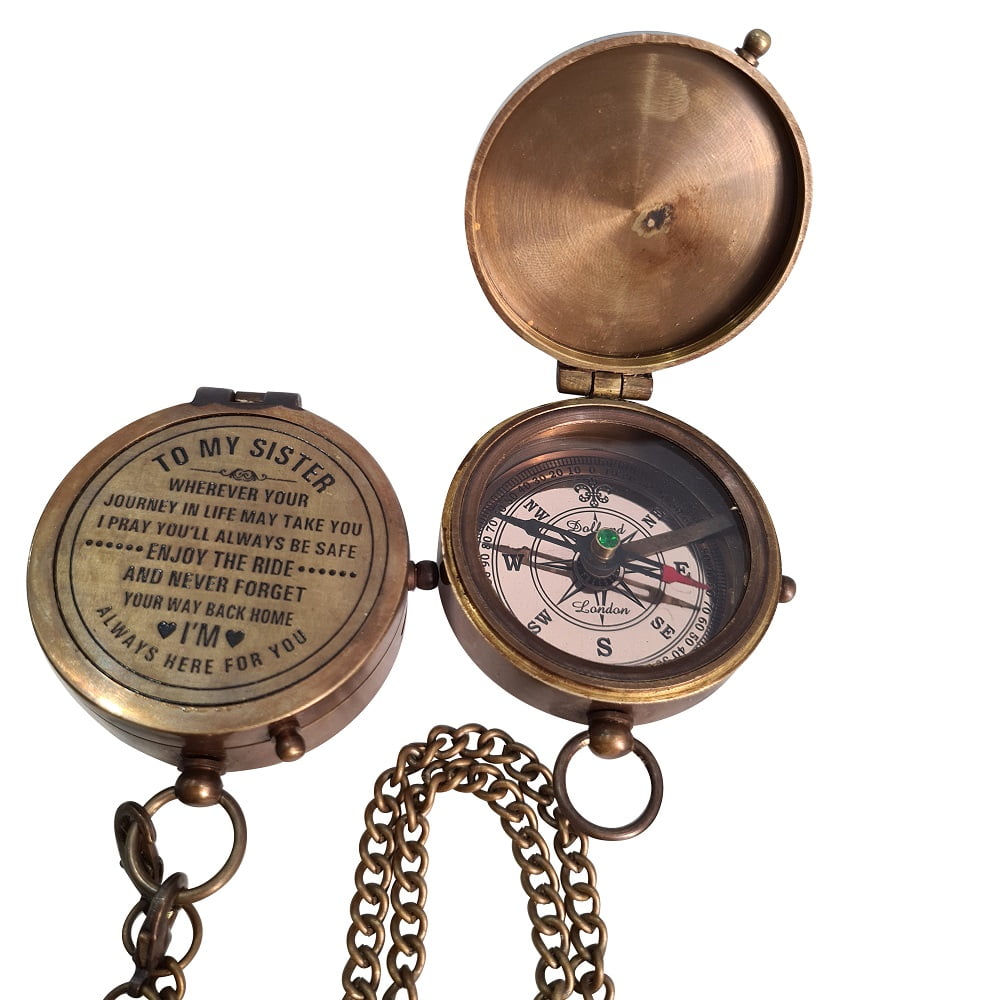 CollectiblesBuy Handmade Brass Vintage Nautical Engraved Pocket Compass Detachable Chain for My Sister Outdoor Navigation Camping & Hiking