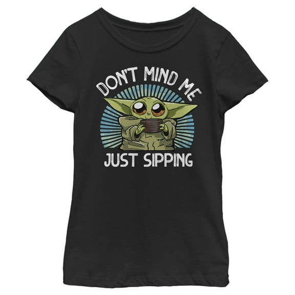Girl's Star Wars: The Mandalorian Grogu Don't Mind Me Just Sipping Graphic Tee Black Small