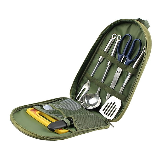 Juego de 7 utensilios de cocina para acampar, utensilios de cocina, utensilios de cocina, parrilla Verde