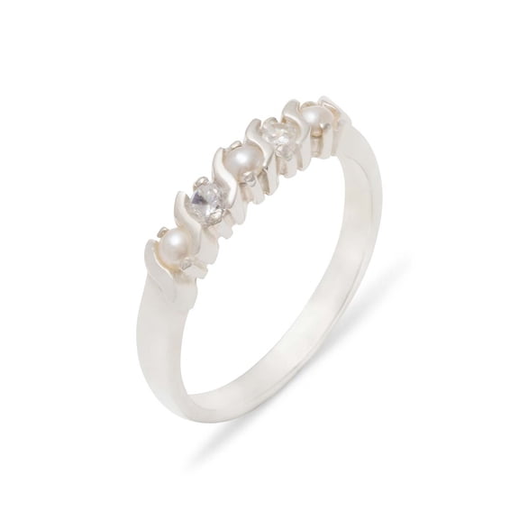 LBG British Made 925 Sterling Silver Cultured Pearl & Cubic Zirconia Womens Eternity Ring - 33 size options - Sizes 4 to 12 Available