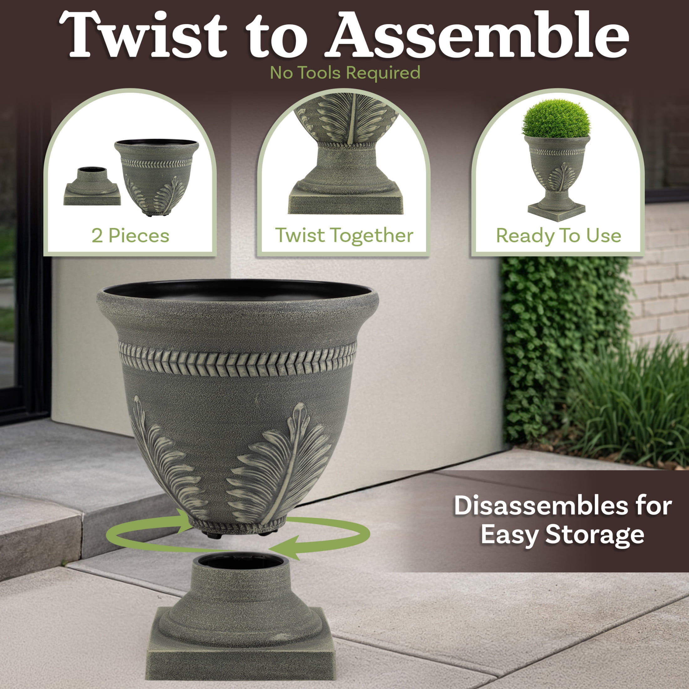 Pure Garden Outdoor Planter 2-Pack - 15.25x18.8in Large Plastic Urn Planters with Drainage, Gray