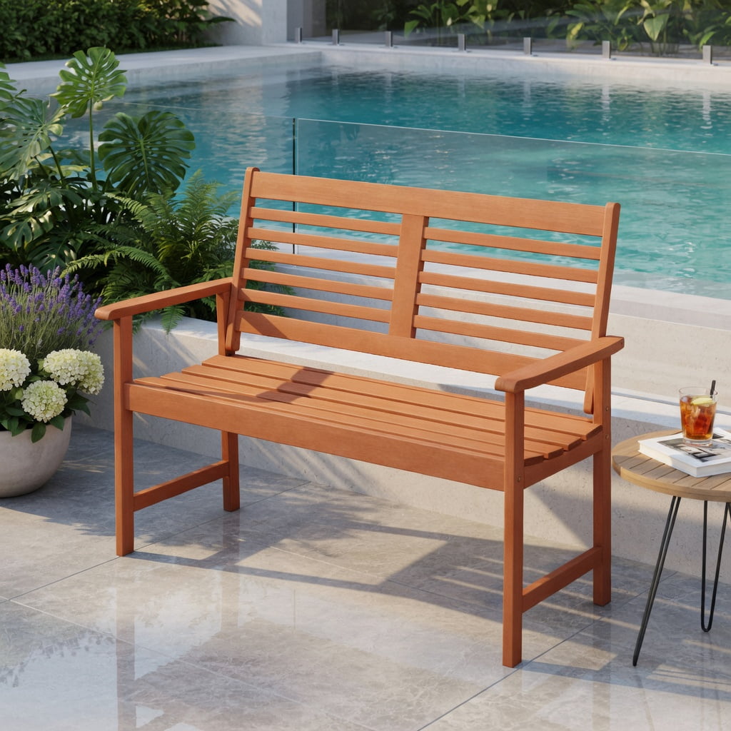 Hommoo Teak Solid Wood Outdoor Loveseat Bench, 2-Seat Patio Bench with Ergonomic Inclined Backrest, Slatted Ventilated Seat & Reinforced Crossbar Support, Natural