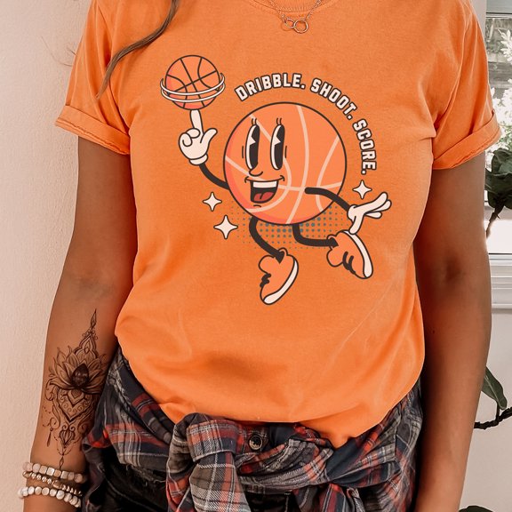 Dribble Shoot Score Basketball Comfort Colors Shirt, Basketball Mom Shirt, Unisex Basketball Comfort Colors Shirt, Game Day Basketball Tee (Colors:Burnt Orange; Sizes:2XL;)
