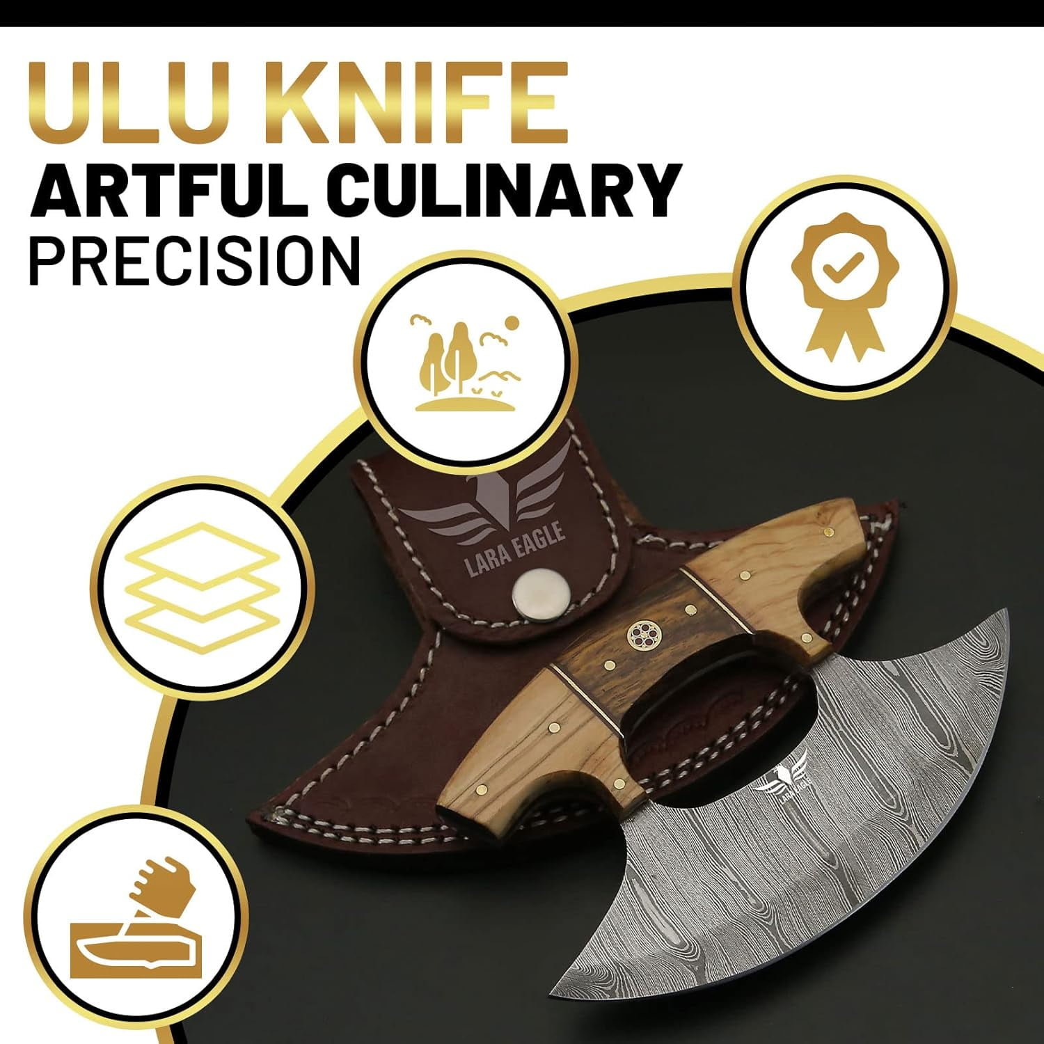 Lara Eagle Damascus Steel Ulu Knife, Celtic Knot Handle made of Exotic Rose Wood and Olive wood, 6 inch blade One-Handed Rocker Knife with Leather Sheath