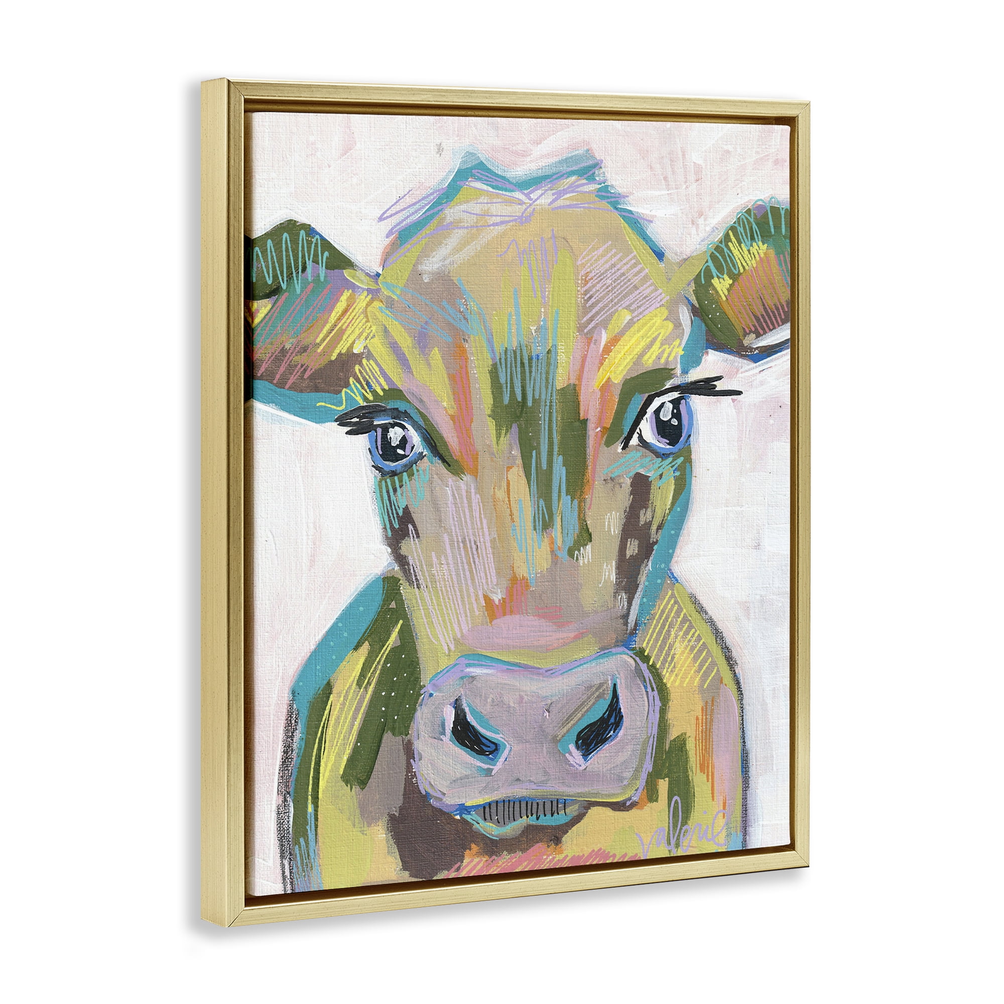 Stupell Industries Vivid Cow Visage Animals & Insects Painting Gold Floater Framed Canvas Art Print Wall Art, 25 x 31