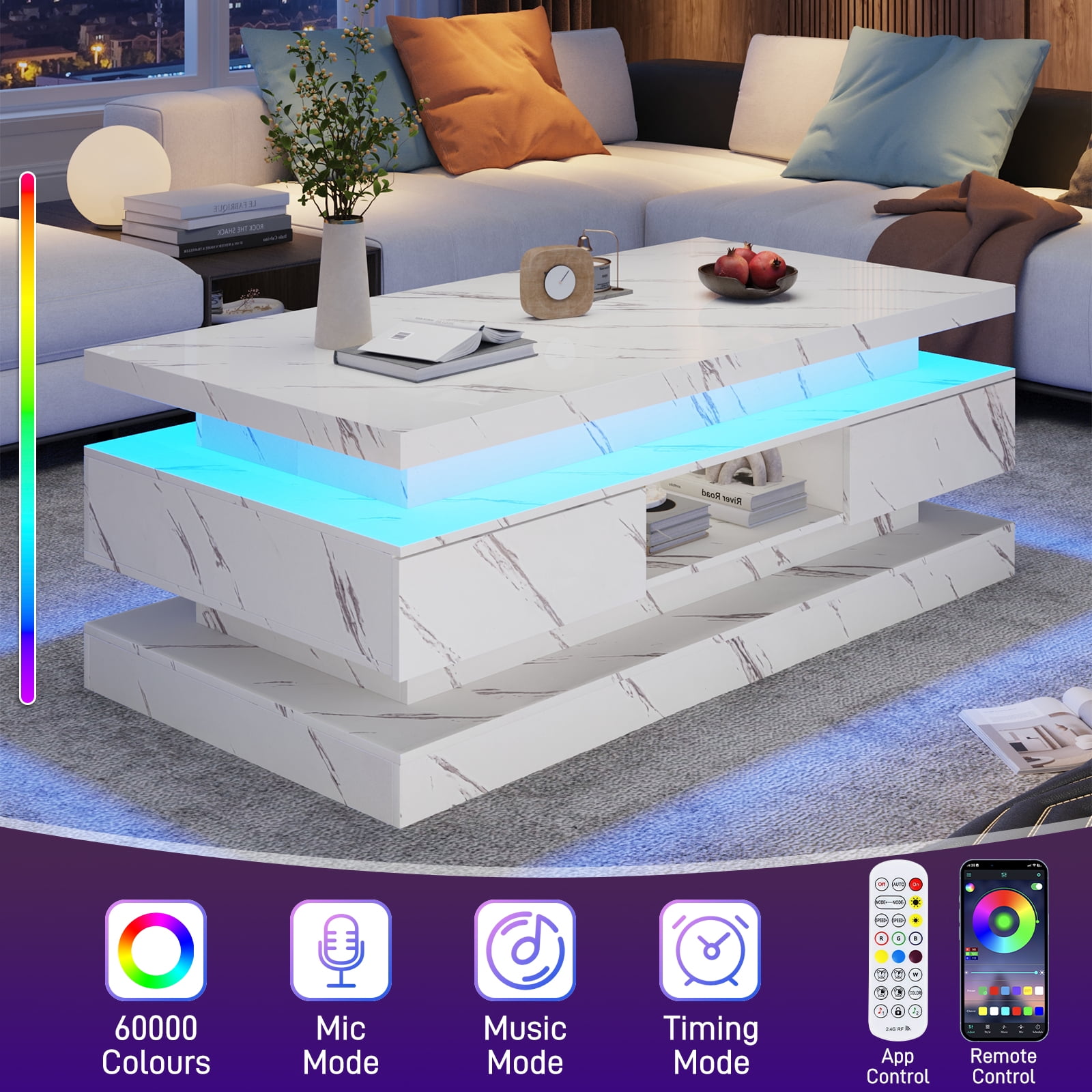ChVans 47'' LED Coffee Table with 2 Storage Drawers, Modern High Gloss Black Coffee Table with Marbling Print, 3-Tier Rectangle Center Table for Living Room, APP Control