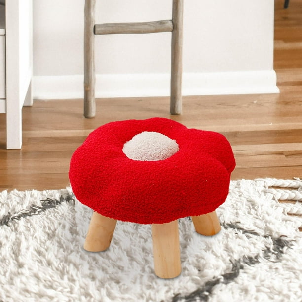 Small Foot Stool Foot Rest with Wooden Leg Non Slip Multifunctional Foot Rest Cute Pouf Soft Sofa Footstool Footrest for Playroom Apartment Red