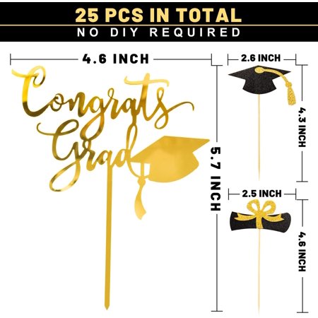 25 Pcs Graduation Cake Toppers Set, Congrats Grad Big Topper 12 Grad ...