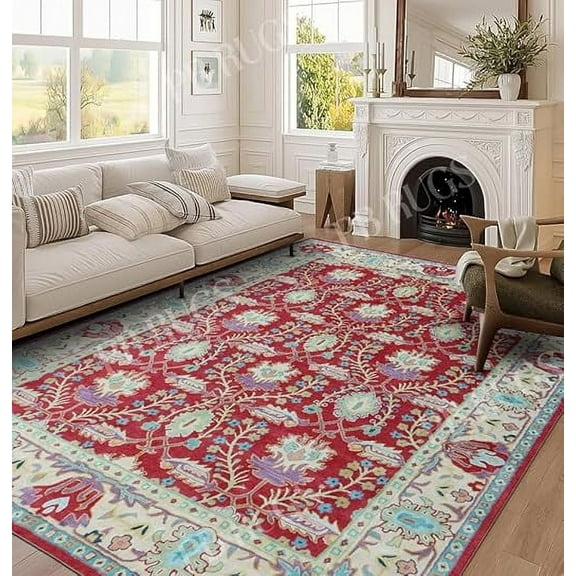 Franklin Red 3'x5′ Area Rug Handcrafted Motif Floral Design Oriental Traditional Design Non-Shedding Fine Wool Pile & Easy-Care Areas in Living Room Bedroom