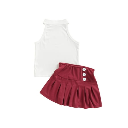 

Kids Toddler Baby Girls Summer Outfit Solid Ribbed Sleeveless Tank Tops+Mini Button A-line Skirt Sets