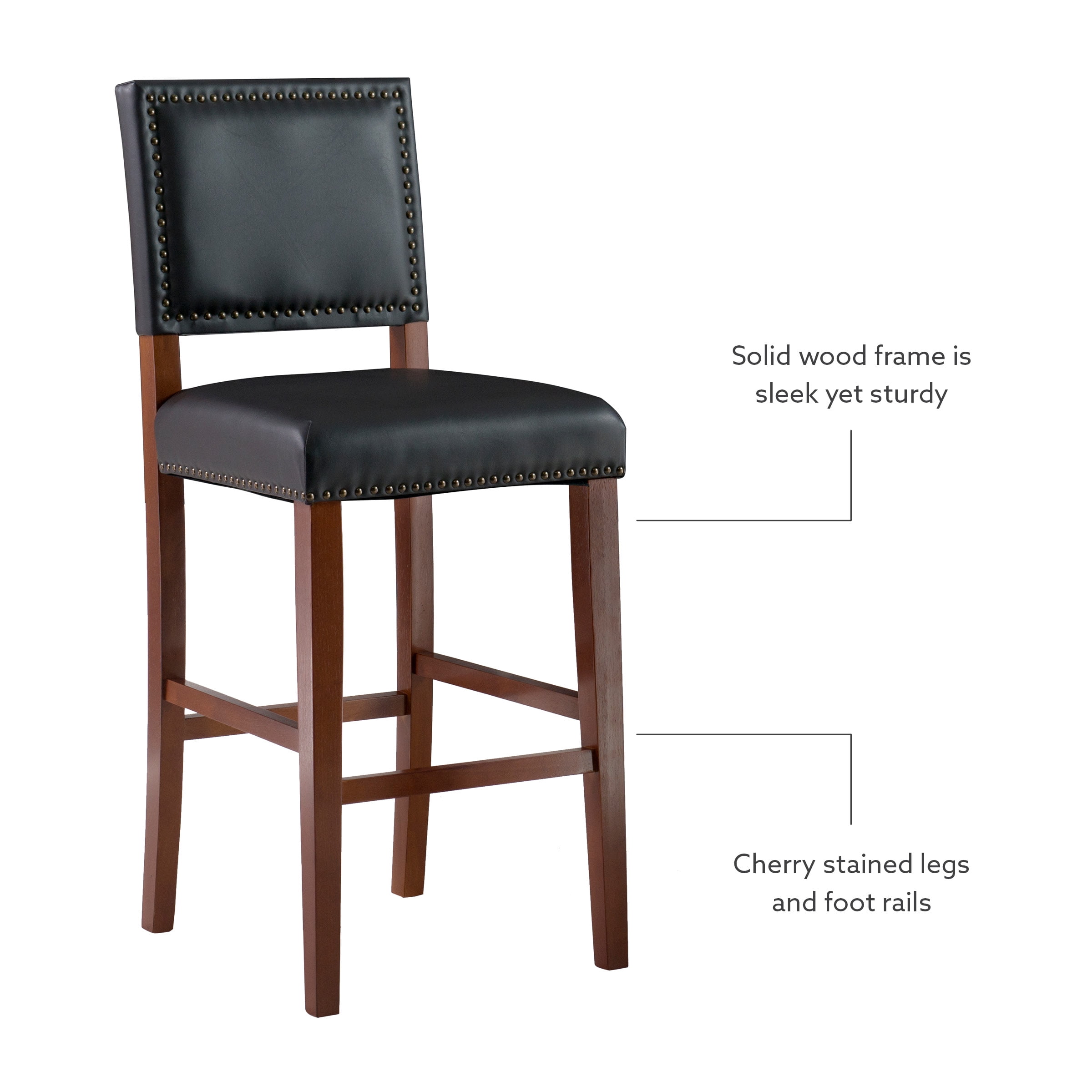 Linon Brook 30" High Back Bar Stool, Rustic Cherry/Black Faux Leather