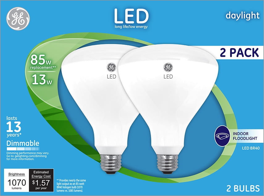 GE LED Floodlight Bulbs, 85 Watt Eqv, Daylight, BR40 Indoor Light Bulbs, 13 year, 2pk