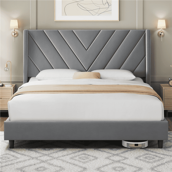 Fullfurnique Upholstered Platform Bed Frame with Wooden Slat Support, Queen, Light Gray