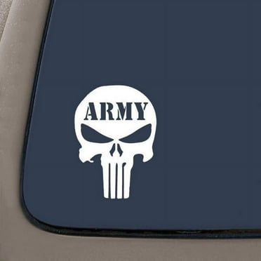 Army Punisher Skull Decal Sticker | 5.5-Inches By 4-Inches | White Vinyl | Car Truck Van SUV Laptop Macbook Wall Decals