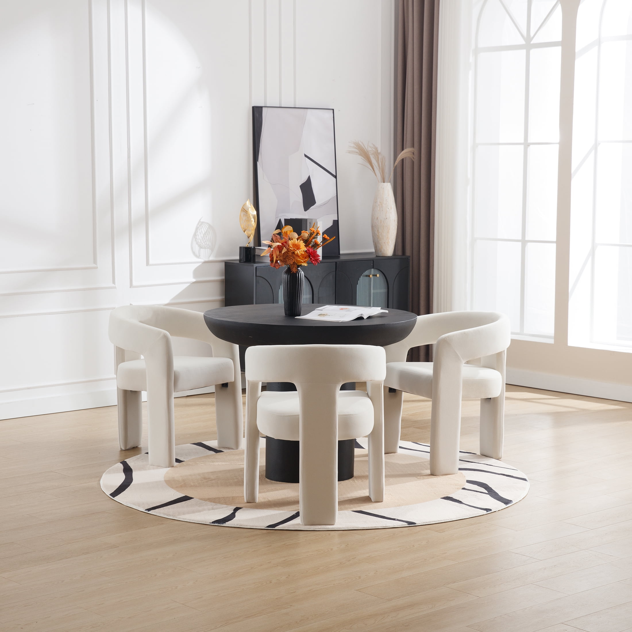 Guyou Modern Velvet Upholstered Dining Chair, Cute Barrel Side Armchair Kitchen Chair with Armrests and Back for Living Room Dining Room Bedroom, Ivory