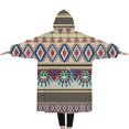 thumbnail image 2 of Oversized Wearable Blanket Hoodie,Blue Boho Tribal Masks and Diamonds Pattern Sherpa Blanket Hoodie with Super Pockets,Super Warm Fuzzy Pullover for Women & Men, 2 of 6