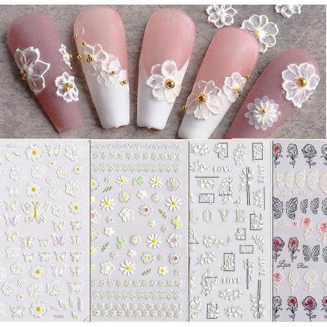 Calcomanías adhesivas para decoración de uñas con flores en relieve estereoscópicas 5D, autoadhesivas, ahuecadas, encaje de uñas blanco, mariposa, rosa, suministros de decoración d