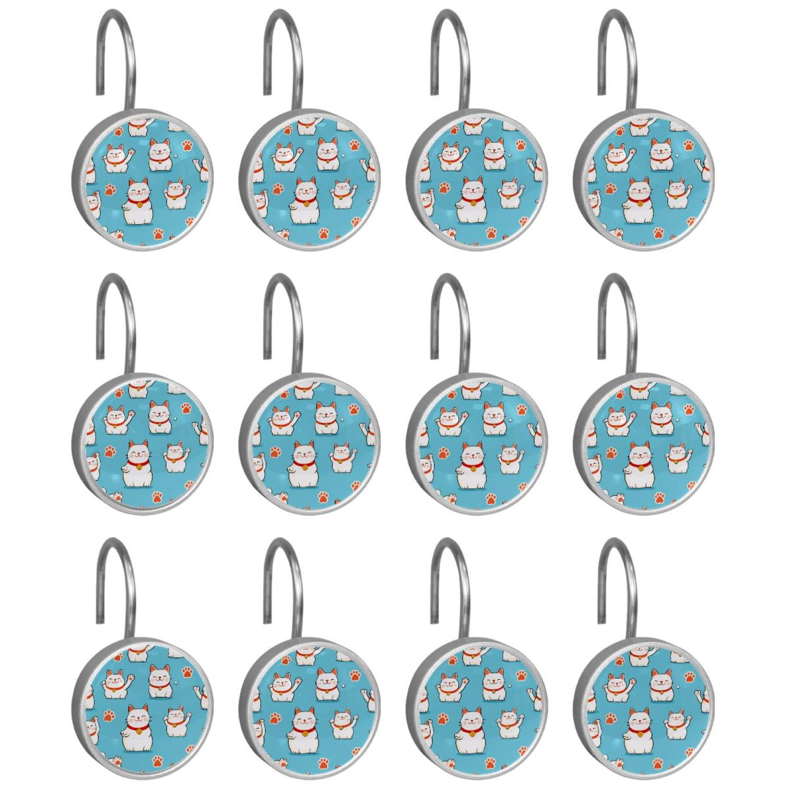 12pcs Decorative Shower Curtain Hooks, Rust Resistant Shower Rings for Bathroom Living Room,Rustproof Stainless Steel Rings for Shower Curtain and Liner Rods,Cartoon Lucky Cat Pattern