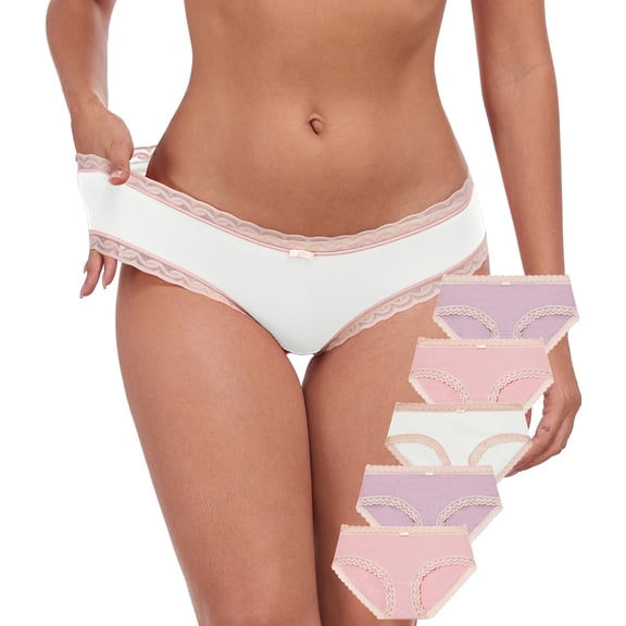 CF Cotton Underwear for Women Soft Lace Trim Hipster Panties Low Rise Bikini Undies Ladies Hipster Panty Multipack(5B,M)