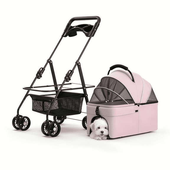 Wheelive 3-in-1 Pet Stroller & Car Seat with Detachable Carrier, 4-Wheel Foldable Design, Oxford Fabric, for Small Dogs & Cats up to 65lbs, Pink