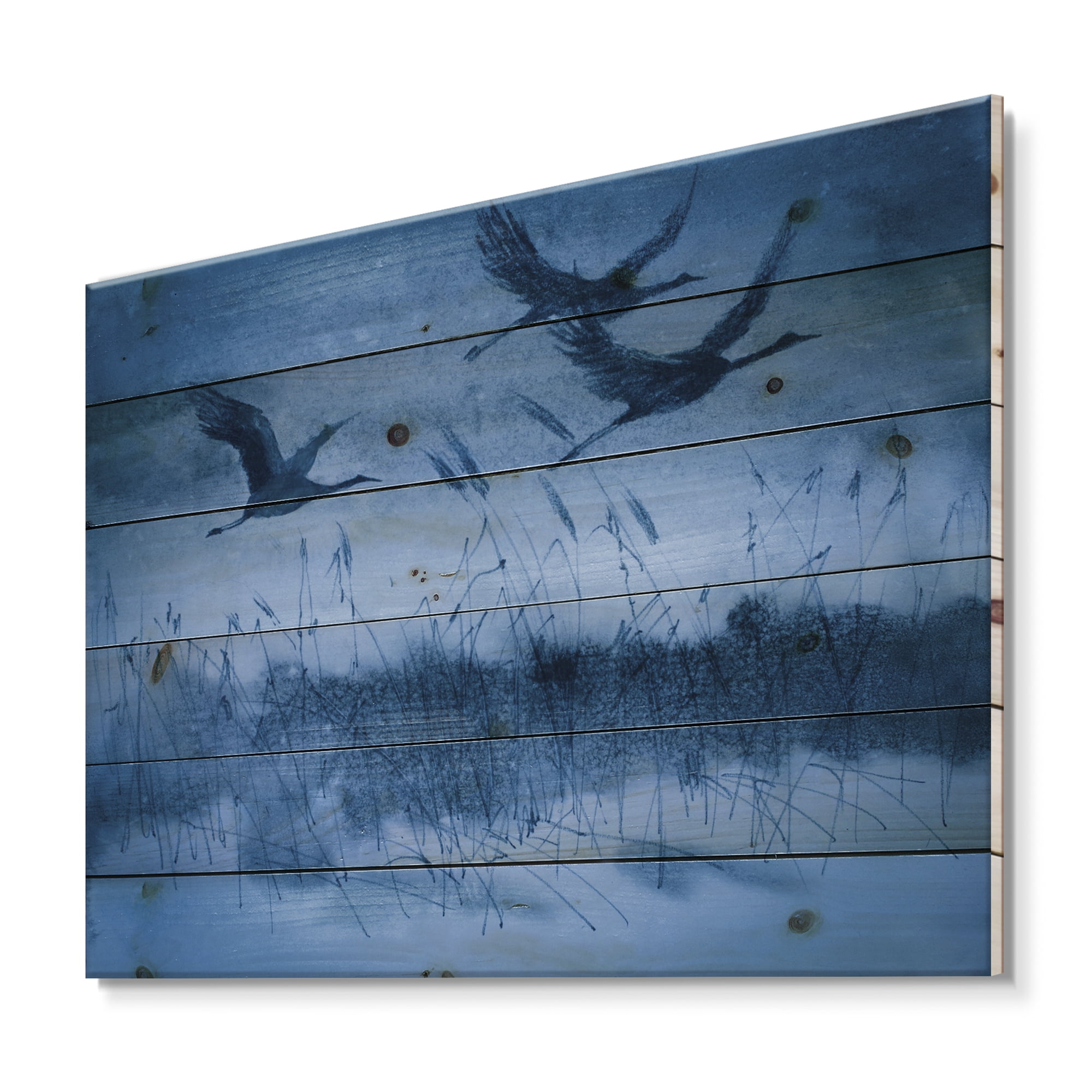 Designart 'Cranes In Flight During Blue Evening Light' Traditional Print on Natural Pine Wood