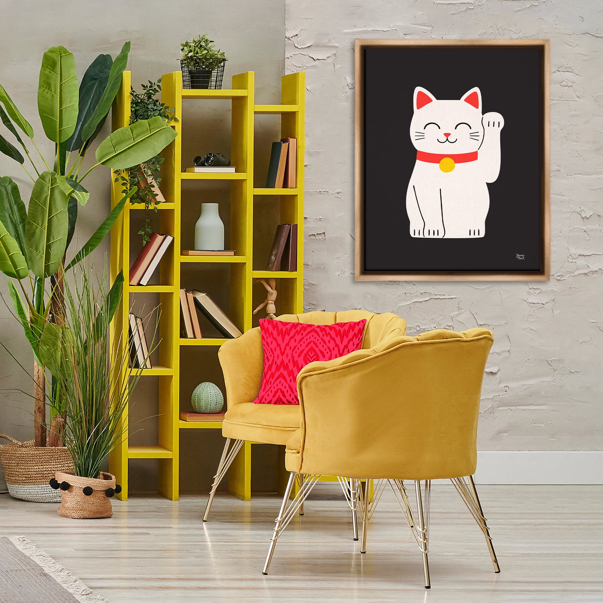 Stupell Industries Maneki Neko Lucky Cat Animals Painting Brown Floater Framed Canvas Art Print Wall Art, 25 x 31